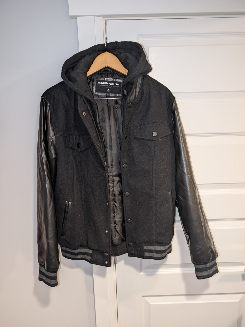 Steve Madden Black Hooded Bomber Jacket with Faux Leather Sleeves